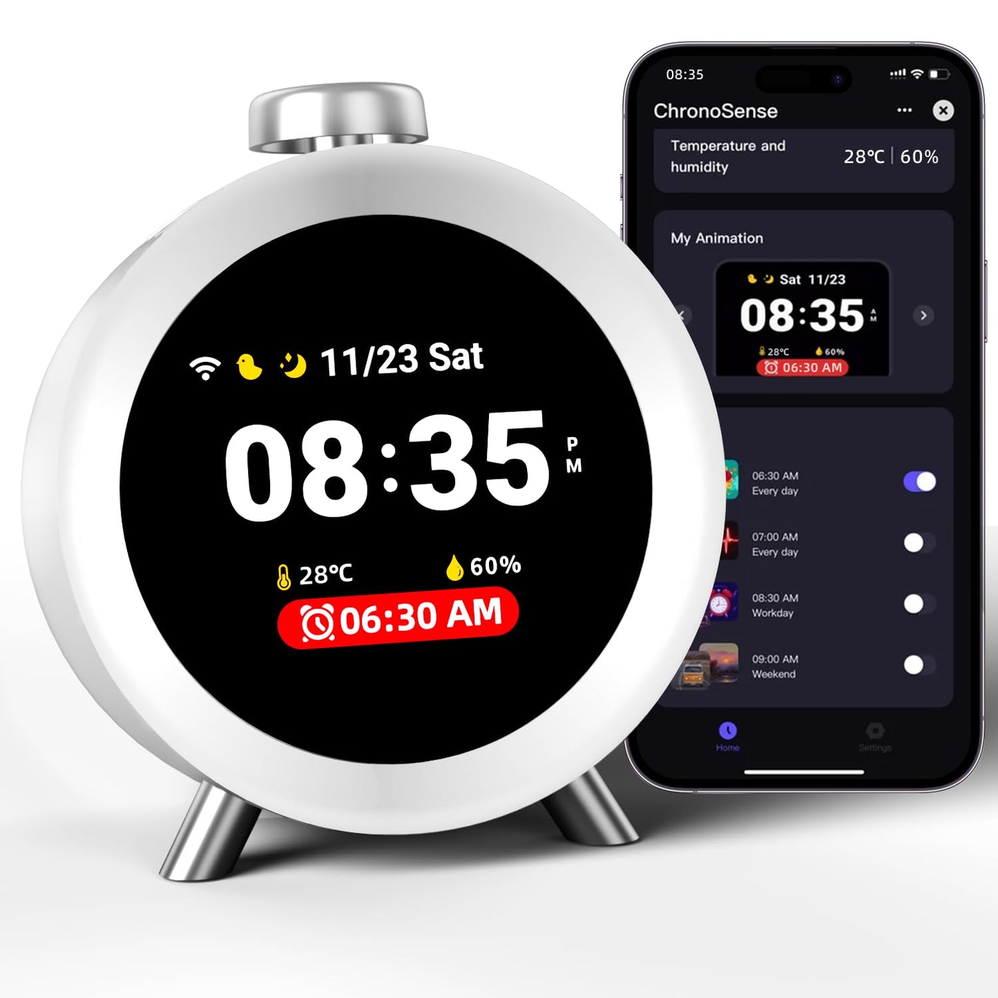 Dekala ChronoSense Smart Alarm Clock for Bedroom Temperature Humidity, 7-Day Programmable 4 Alarms, 100dB Loud Gradual Alarm for Heavy Sleeper, Hourly Chime, White Noise Sound Machine, App Control