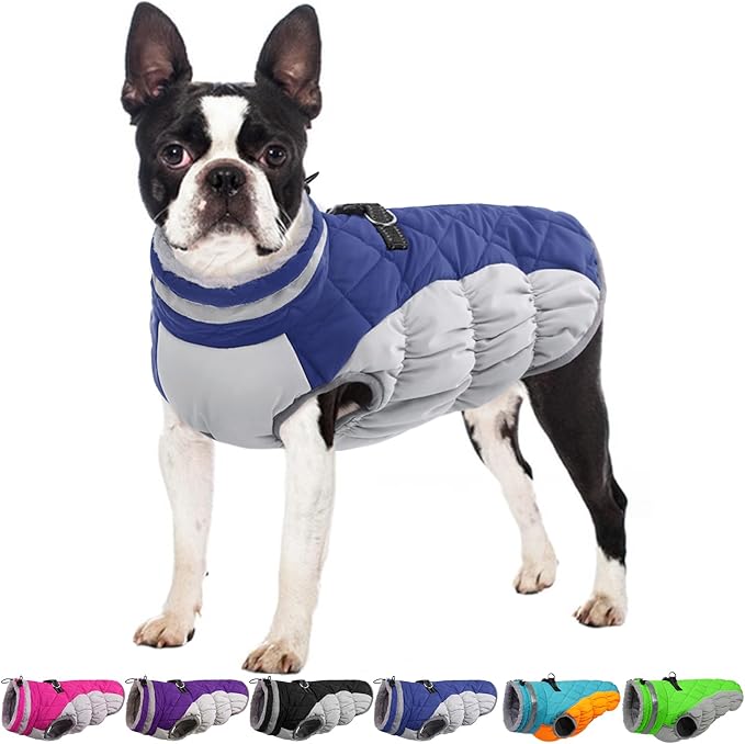 OUOBOB Winter Dog Coat,Large Dog Jacket,Waterproof Pet Jacket with Back Zipper,Pet Coat with Harness Built in,Warm Dogs Coat with Fleece Lined, Snow Jacket Clothes French Bulldog Shiba Inu,Blue,L