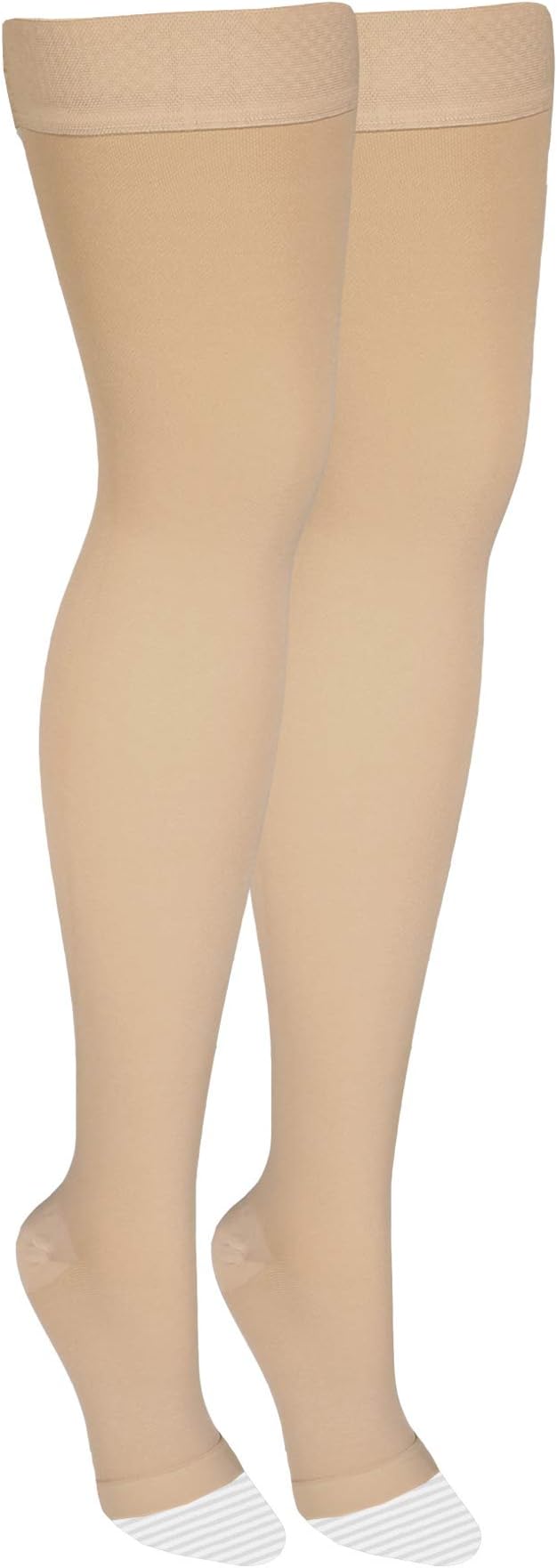 Amazon Basic Care Medical Compression Stockings, 20-30 mmHg Support, Women & Men Thigh Length Hose, Open Toe, Beige, 2X-Large (Previously NuVein)