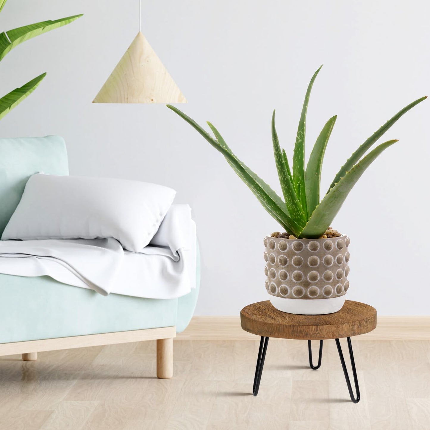 OBTAIN Plant Stand Indoor Outdoor, Wooden plant Stool, Mid Century Plant Stand for Indoor Plants, Wood Modern Plant Holder Rattan Flower, Low Short Boho Rustic Planter Stand Fit 5-15 Inch Pot(M)