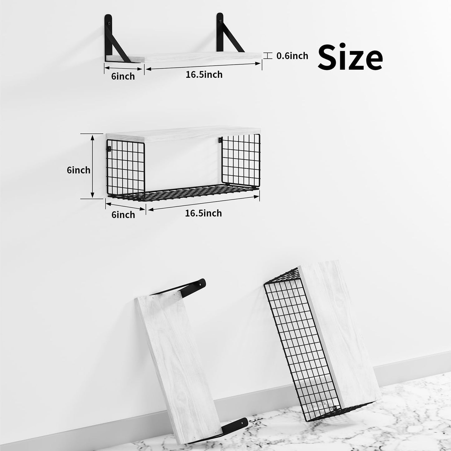 Aiyome Wall Floating Shelves, Wall Mounted Shelf Set of 4, with Metal Baskets, Rustic Décor Style, Shelf for Bathroom, Kitchen, Bedroom, Storage, Living Room - (White)