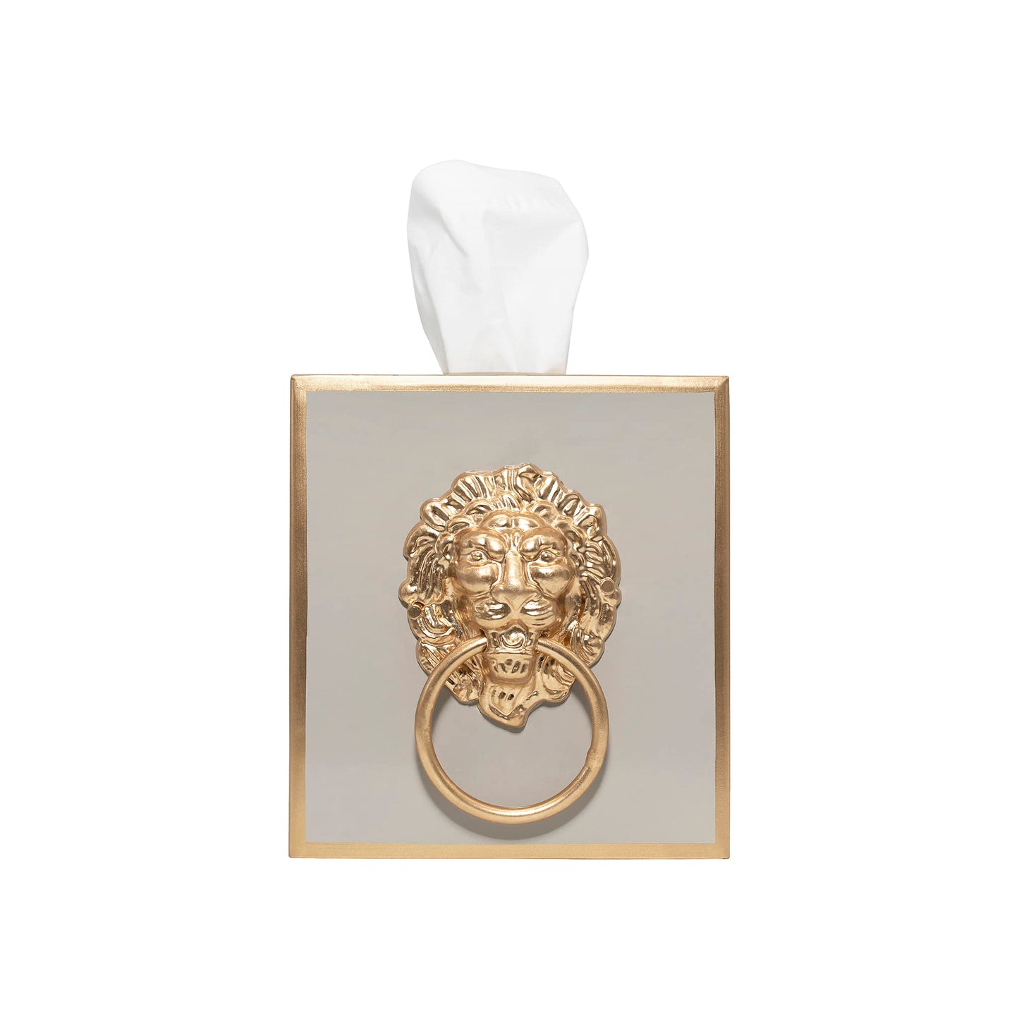 Jaye’s Studio Decorative Square Tissue Box Cover for Bathroom & Home, Premium Cube Tissue Box Holder, Gold Trim & Accents, Paws & Claws Lion’s Head Detail, Luxury Handmade Metal Decor (6x5x5, Taupe)