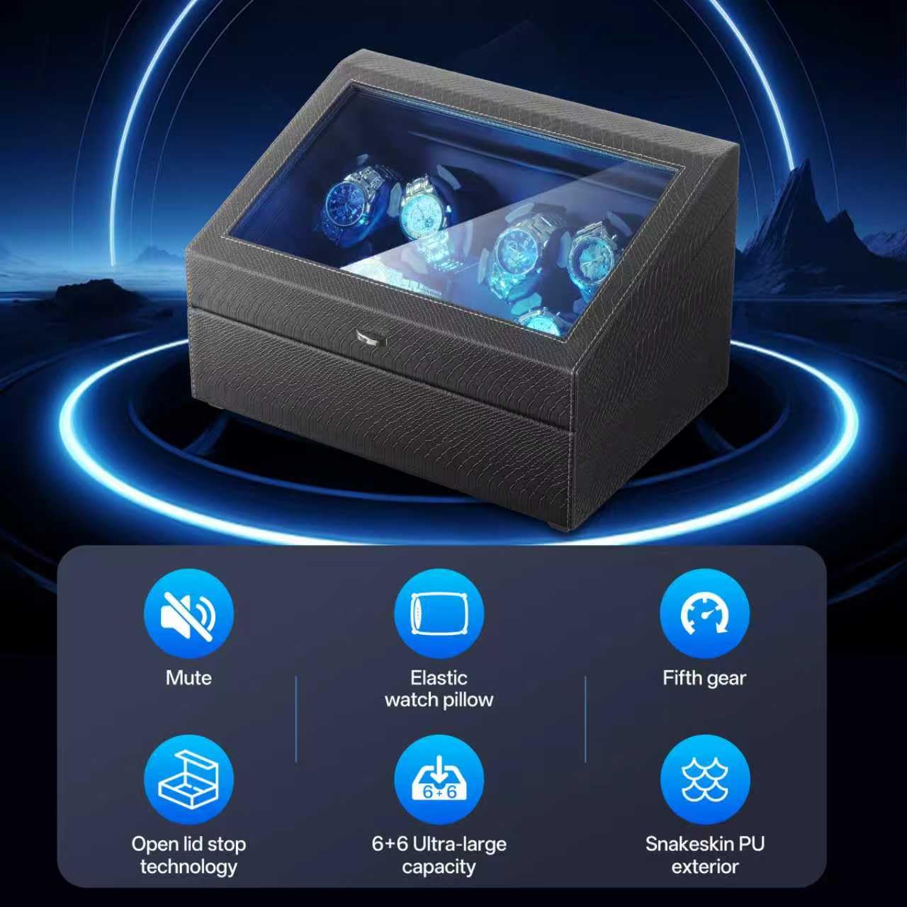 Isili Watch Winder for Automatic Watches, Luxury Watch Winders with LED Light, 6 Watch Winder + 6 Storage Case with Quiet Motor, Gift for Father's Day (PU Snakeskin)
