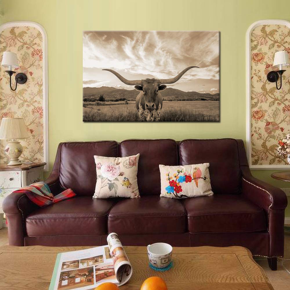 KREATIVE ARTS Sepia Texas Animal Canvas Wall Art Highland Cattle with Long Horns Picture Longhorn in Sunset Farm Painting for Home Decor Modern Living Room Decorations Ready to Hang 24x36in