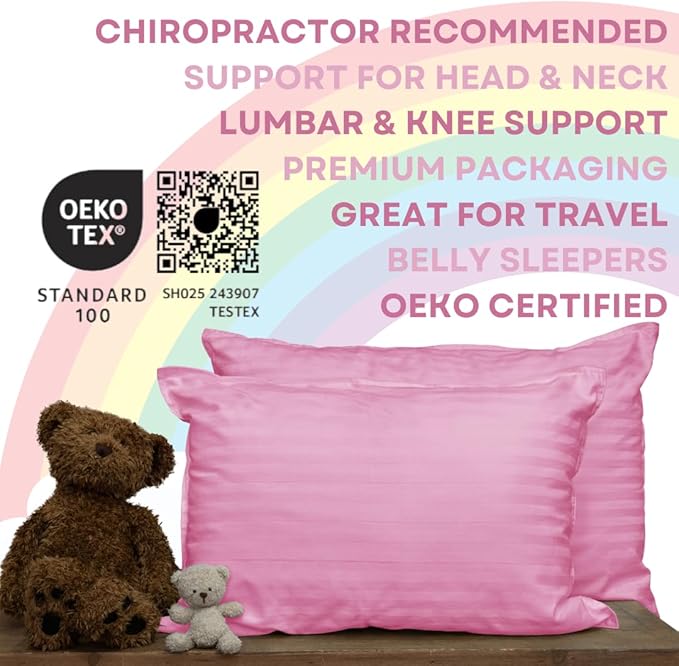 kinder Fluff Children Pillow (2-Pack) 13x18in– The Only 300TC Soft Cotton Pillow with Down Alternative Fill – Hypoallergenic, Machine Washable & Perfect for Kids 2+ Years- Pink- S