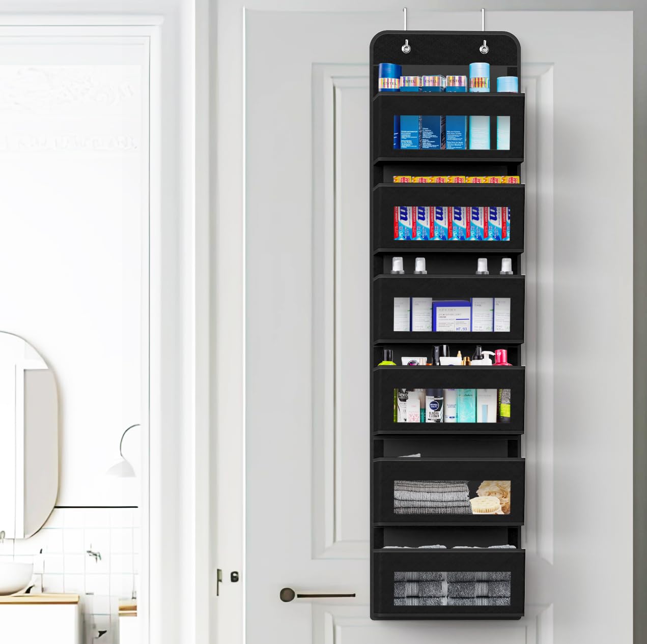 Simple Houseware 6 Clear Window Pocket Over Closet Door Storage Hanging Organizer for Bedroom, Bathroom, Pantry, Black