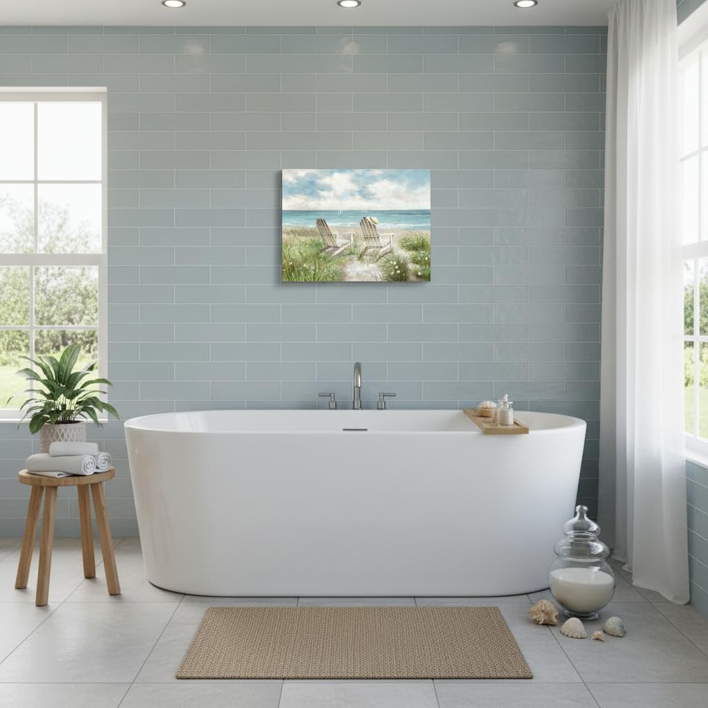 arttitue Seascape Wall Art Canvas Picture: Beach Chair Seascape Print Decor Ocean Coastal Scene Painting Seaside Sea Wave Grass Artwork for Bathroom Living Room