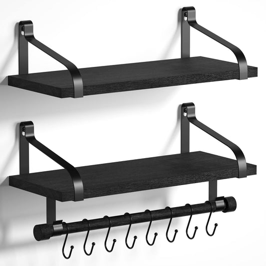Love-KANKEI Floating Shelves for Coffee Bar,Bathroom Shelves with Towel Bar, Wall Shelves with 8 Hooks for Kitchen, Storage Shelf Set of 2 for Bedroom,Living Room，17.3 Inch Black