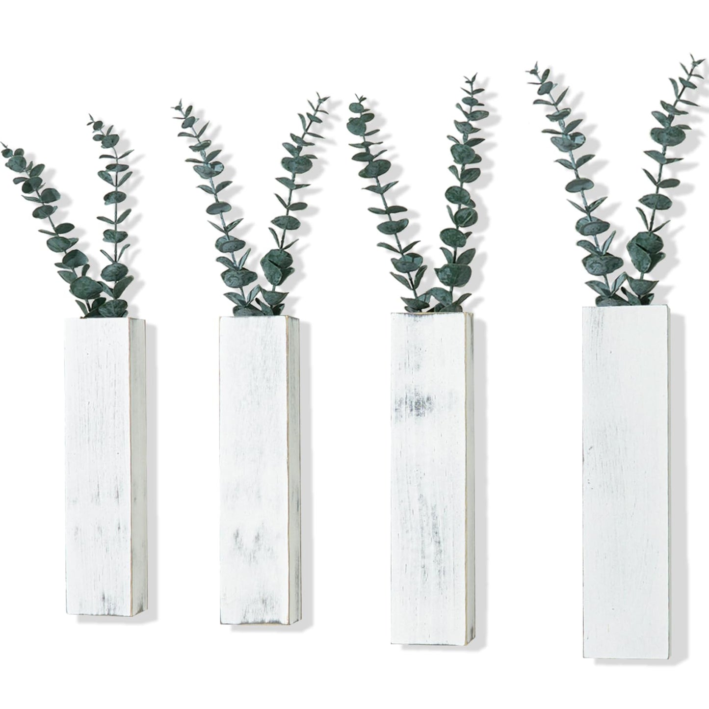 4 Pack Wood Wall Planters with 8 Pcs Artificial Eucalyptus, Plant Wall Decor for Living Room, Bedroom, Bathroom, Office, Wall Hanging Decor Wall Vase with Faux Plants, Rustic White