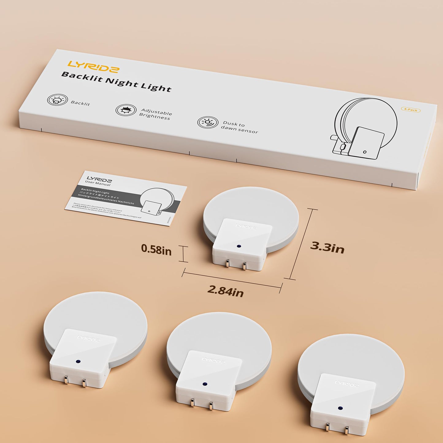 Lyridz Plug in LED Backlit Night Light with Auto Dusk to Dawn Sensor, 1-50 LM Dimmable Warm White Nightlight Indoor for Bedroom, Bathroom, Kids Room, Pet House, Kitchen, Stairs, Hallway, 4 Pack