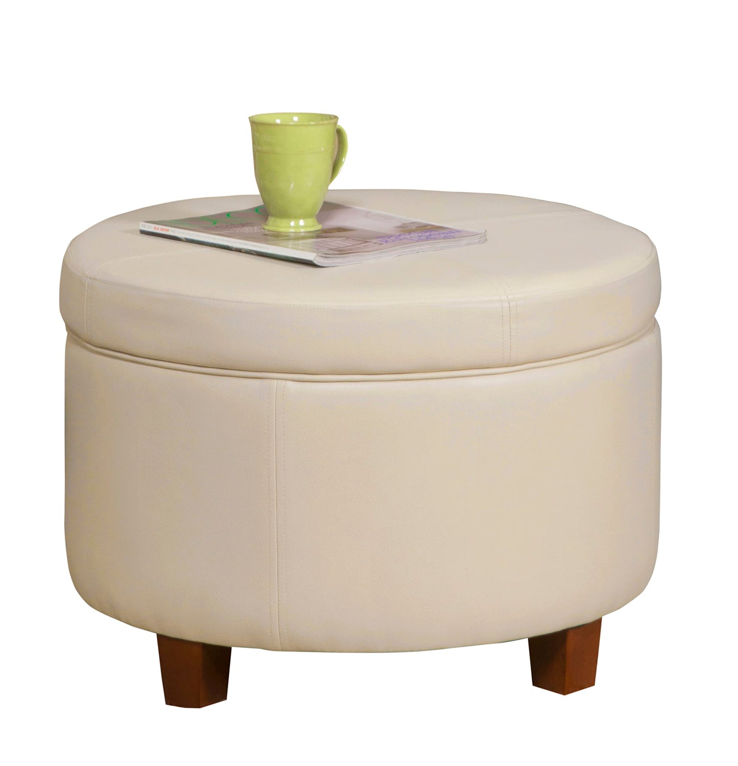 HomePop 24" Large Leatherette Round Storage Ottoman - Cream Faux Leather