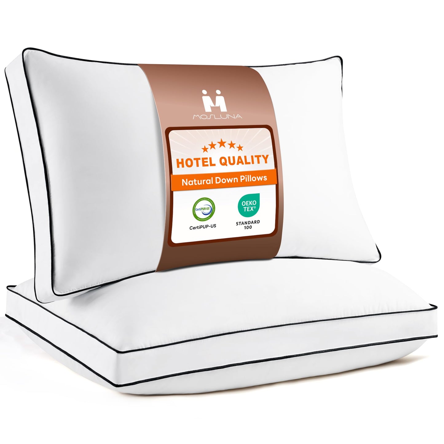 Mosluna Feather Down Pillows Queen Size Set of 2, Hotel Collection Bed Pillows 2 Pack, Medium Firm Pillow for Side, Back or Stomach Sleepers, Downproof, Gusset Design 20x30 in.