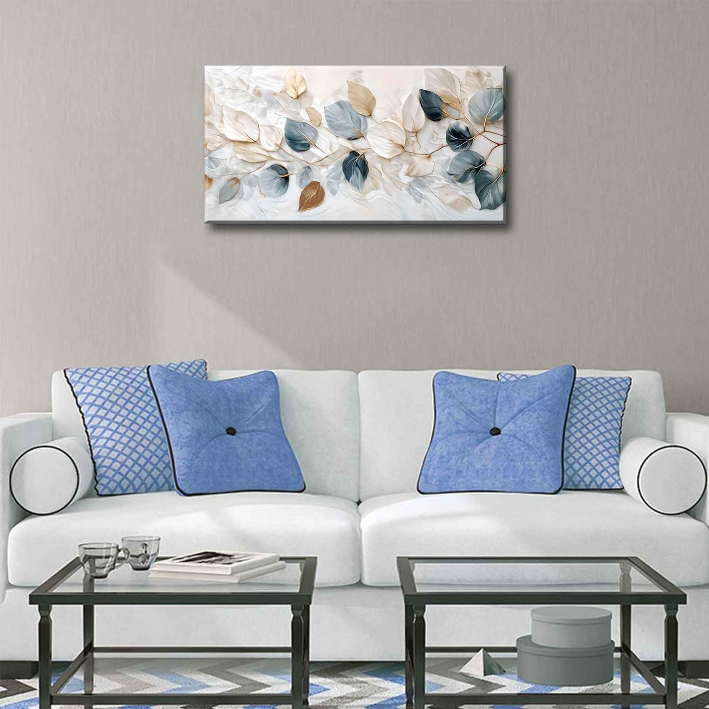 Large Living Eucalyptus Leaf Canvas Wall Art Teal White Botanical Abstract Decor painting Pictures Modern Nordic Plant Flowers Posters Prints for Bathroom Bedroom Office Hallway Home Decoration