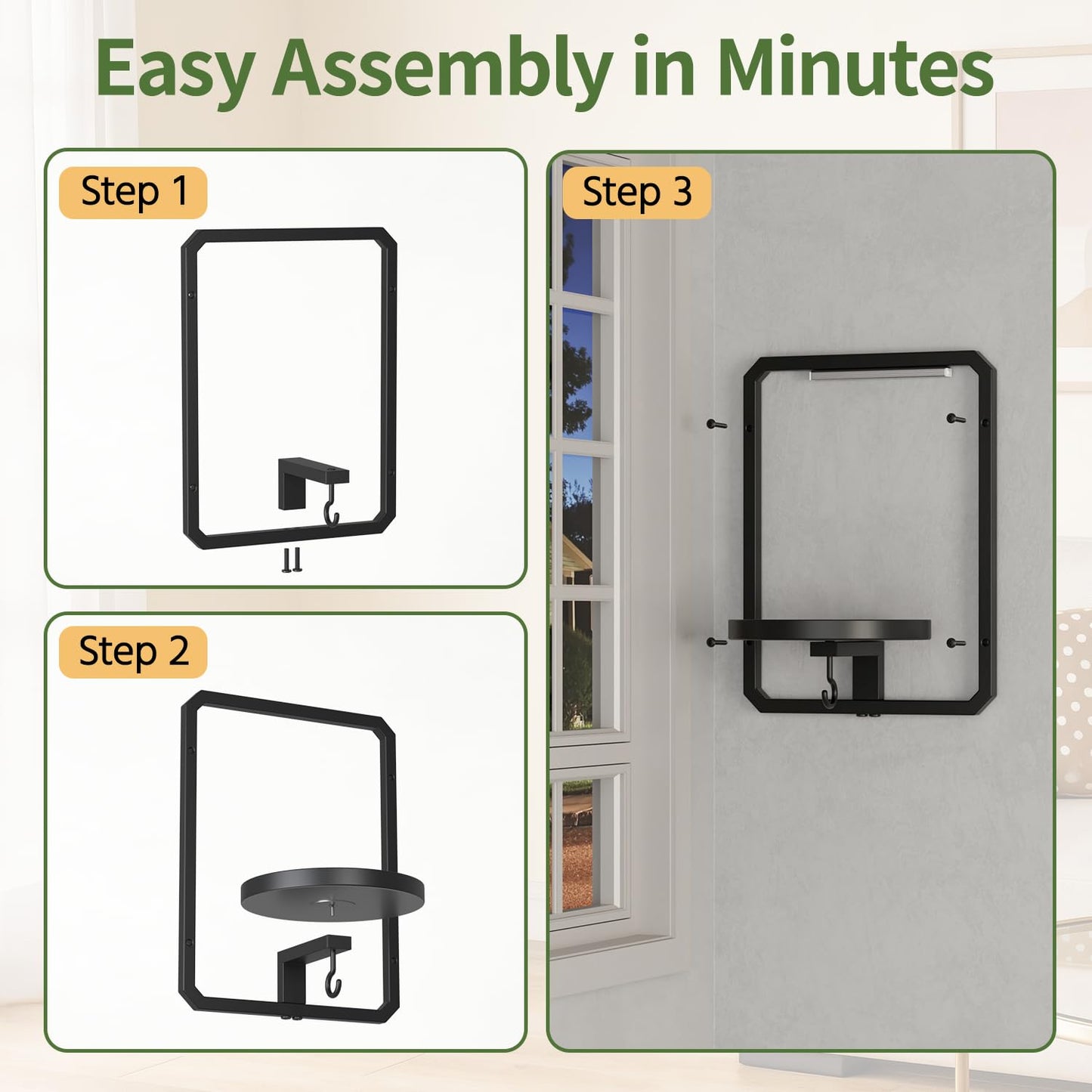 LASZOLA Plant Picture Frame Holder Wall Mount Indoor Window with 3 Grow Light, 3 Pack Modern Floating Flower Stand Shelf with Hooks, Metal Hanger Display Decor for Living Room, Black