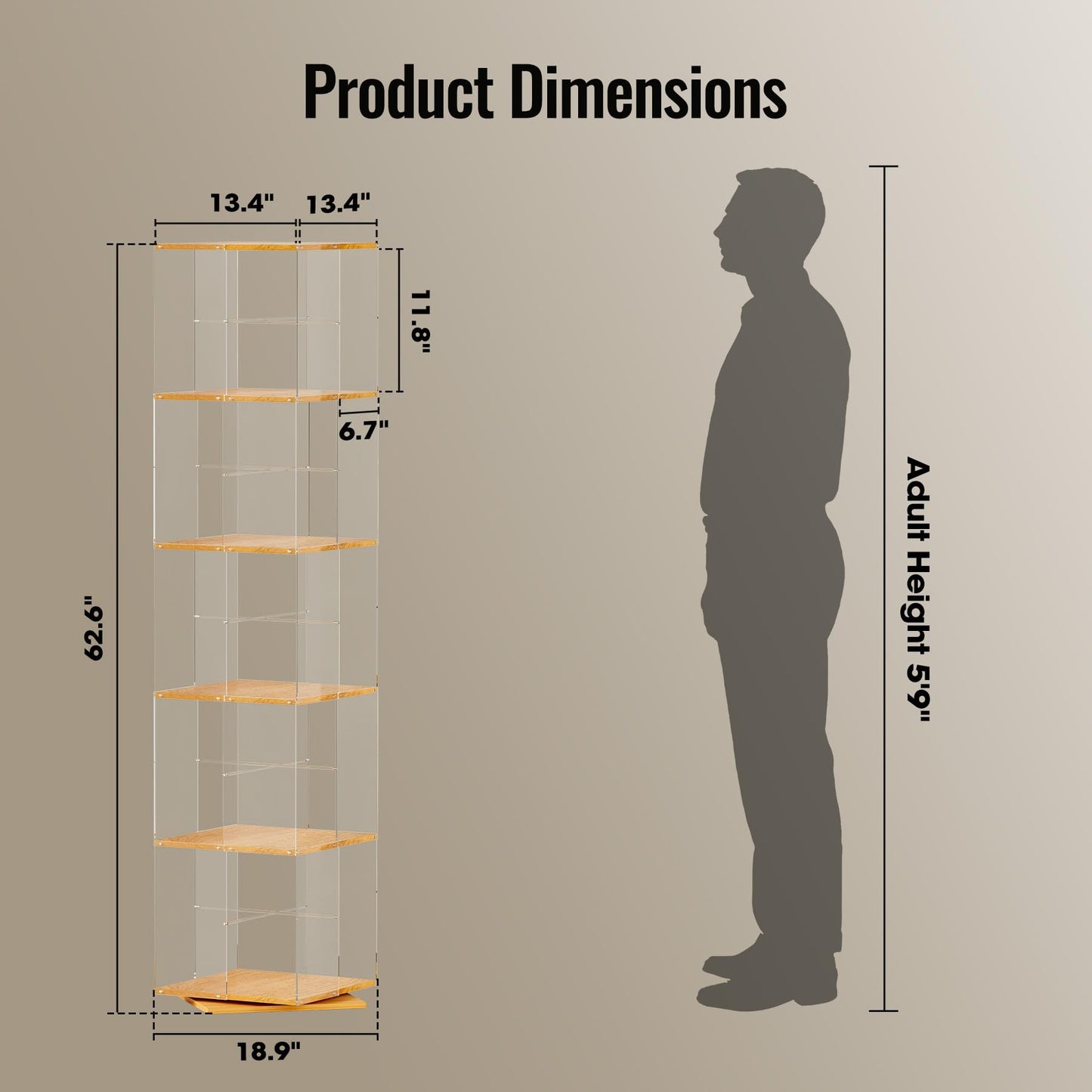 TAKEKIT 5-Tier Rotating Bookshelf, 360° Spinning Book Shelf Tower with Solid Wood & Clear Acrylic, Square Revolving Bookcase for Kids Room, Living Room, Bedroom and Office