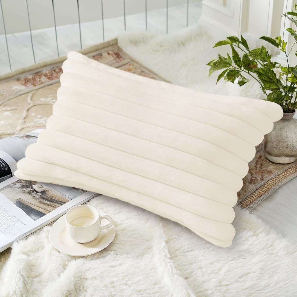 decorUhome Summer Cozy Faux Fur Throw Pillow Covers 12x20 Set of 2 Decorative Soft Plush Striped Lumbar Modern Farmhouse Boho Couch Pillow Cases with Velvet Back for Sofa Bed Living Room, Cream White