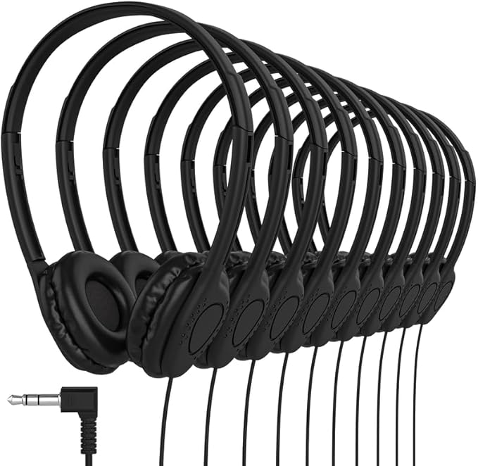 Maeline Kids Headphones for School Classroom K-12, Library, Museum, Travel, On Ear Stereo Headset with Adjustable Band & Faux Leather Cushions - 3.5mm Plug - 50 Pack - Black
