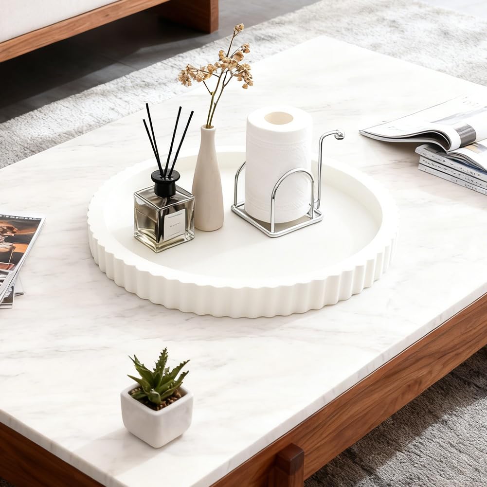 Round Fluted Wood Tray, 11 in Diameter, Accent Catchall for Vanity, White