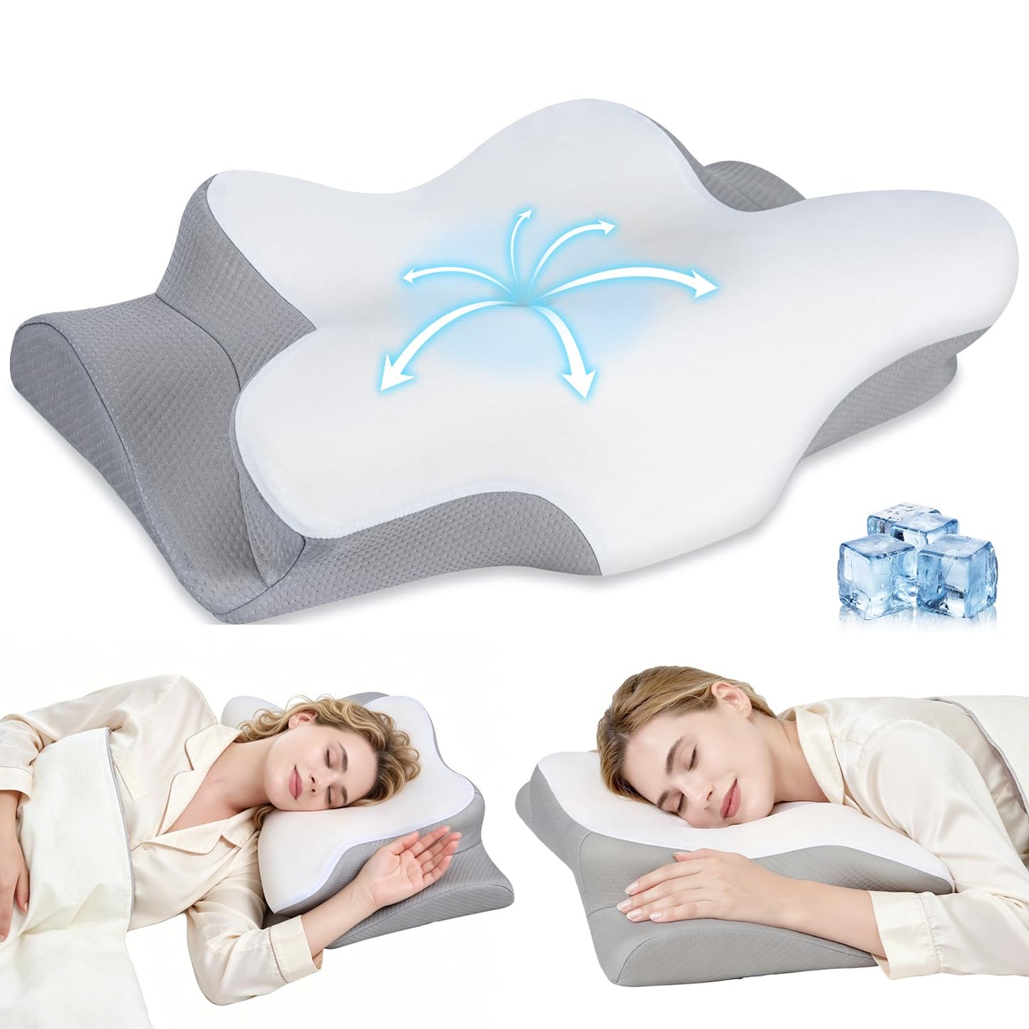 Missleep Cervical Neck Pillow, Memory Foam Pillows for Neck and Shoulder Pain Relief, 2 Heights Ergonomic Pillow with Breathable Ice Silk Cover, Neck Support Pillow for Side Sleepers White