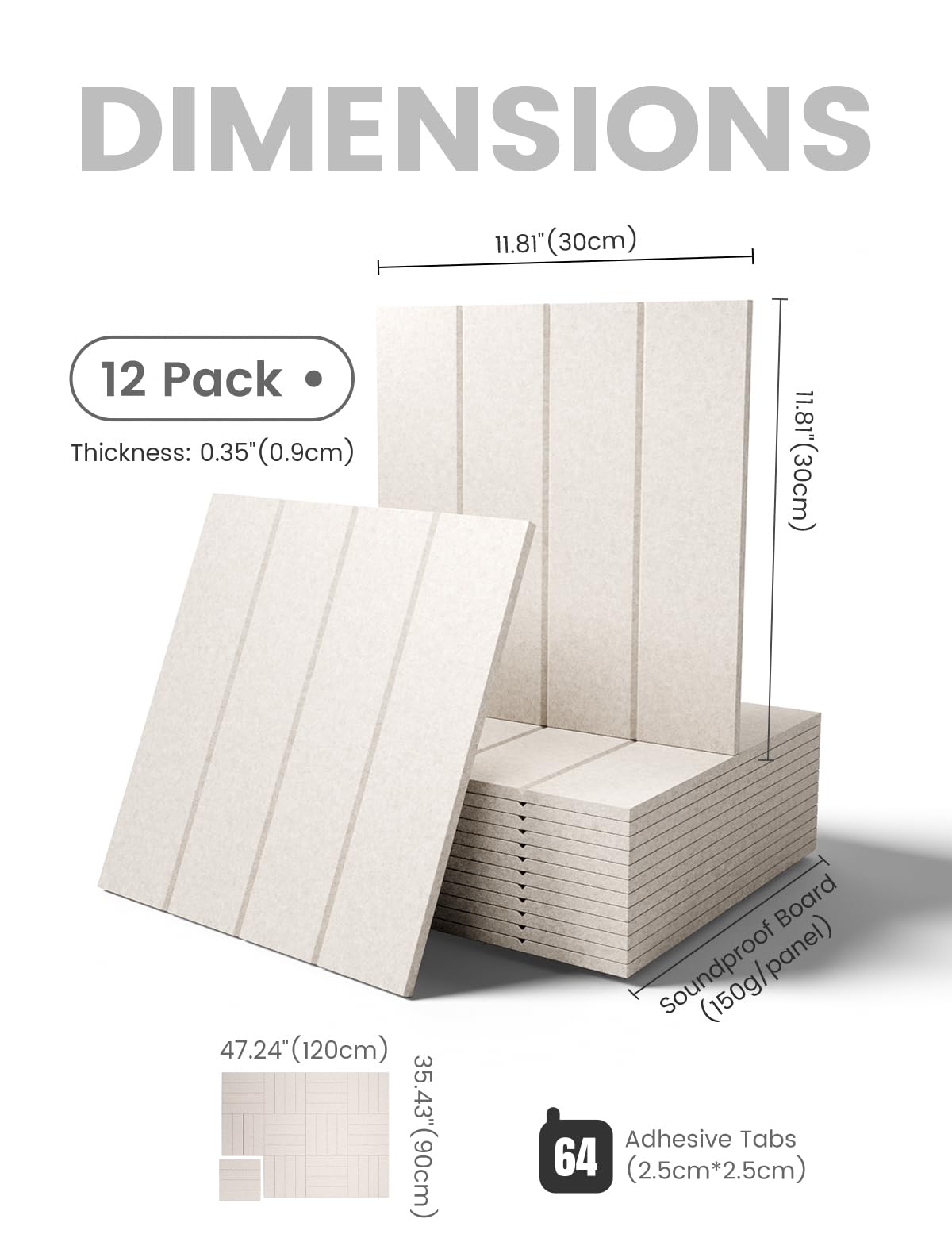 Fluxynara Felt Bulletin Board Tiles Large 48" x 36" Cork Board Alternative-12 Pack with 64 Adhesive Tabs, Thick Slat Wall Panels for Office Decor, Push Pin Board Wall Organizer Alternative -Oatmeal
