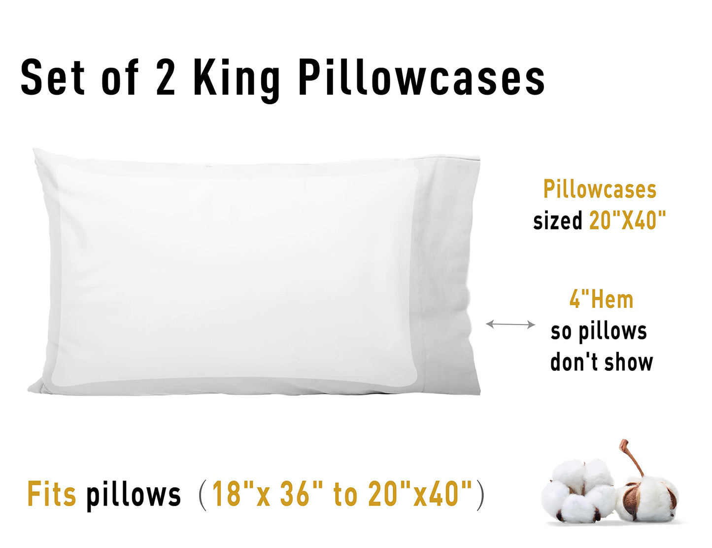Sunflower King Pillowcases Set of 2, 100% Cotton King Pillow Cases 2, 20×40 inches Bright White, Soft and Breathable