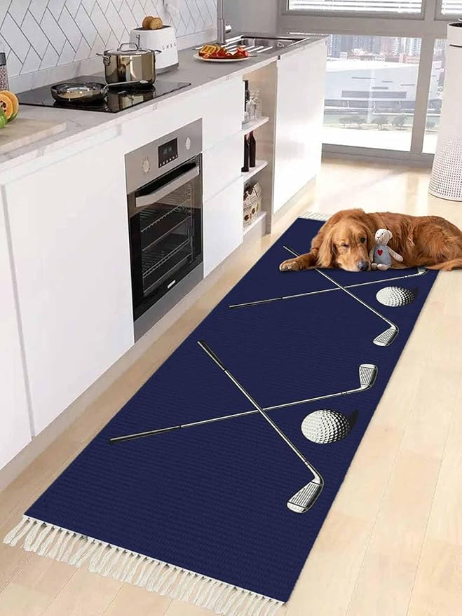 Navy Blue Kitchen Hallway Runner Rug 2X5 Ft Carpet, Washable Woven Sports Golf Ball Throw Carpet with Tassel, Non-Shedding Modern Minimalist Art Entryway Laundry Rugs