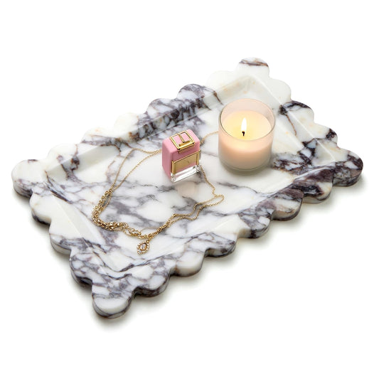 SAMAH Calacatta Viola Natural Marble Tray, Scalloped Bathroom Tray, Luxury Decorative Trays for Bathroom, Vanity, Dresser, Kitchen & Home Decor, Housewarming Gifts New Home (Rectangle)