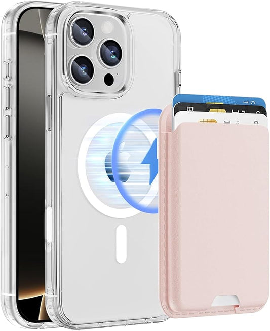 Ntwinro Magnetic for iPhone 16 Pro Clear Case (Compatible with MagSafe) with Pink Detachable Wallet & Card Holder for 3 Cards [RFID Blocking] Military Grade Protective Slim Phone Cover