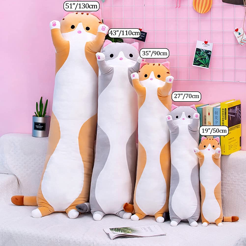 Oeonuas Cute Cat Plush Long Body Pillow Cuddle Cartoon Stuffed Animals Cat Plushie Soft Doll Pillows Gifts for Kids Girls (Orange, 27")