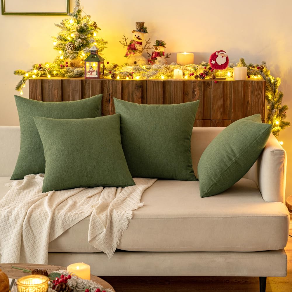 MIULEE Pack of 2 Decorative Outdoor Solid Waterproof Throw Pillow Covers Euro Sham Faux Linen Garden Farmhouse Cushion Cases for Patio Tent Balcony Couch Sofa 24x24 Inch Dark Green