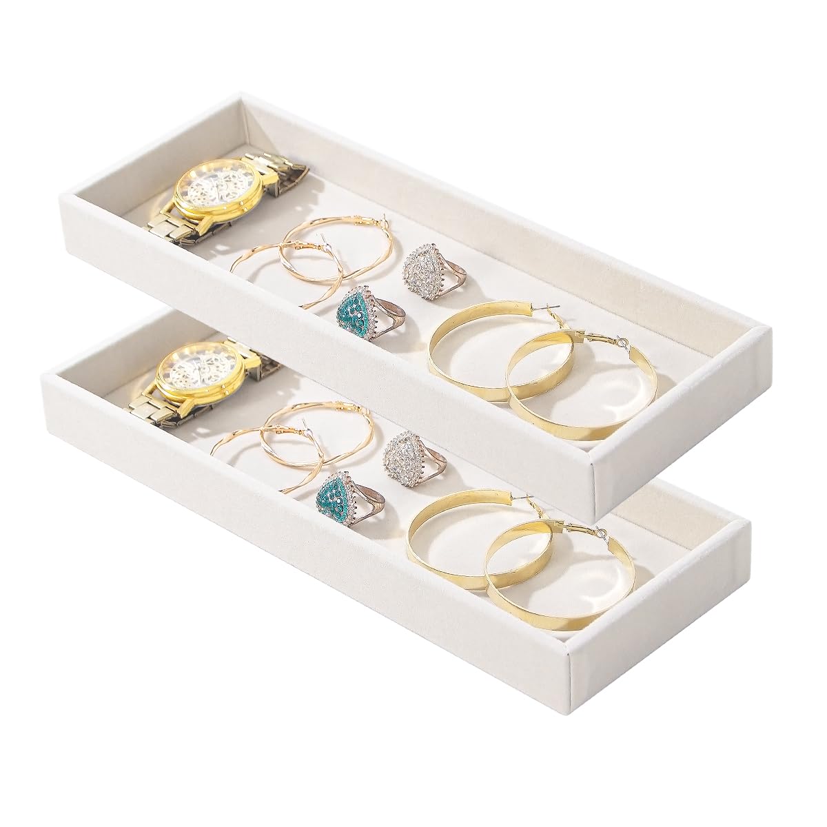 2Pcs Desk Drawer Storage Tray, Nightstand Organizer, Jewelry Display for Necklace, Bracelet, Ring, Earring, Grid Table Organizer Holder for Sunglass, Phone, Watch, Perfume (1 Grid)/Beige