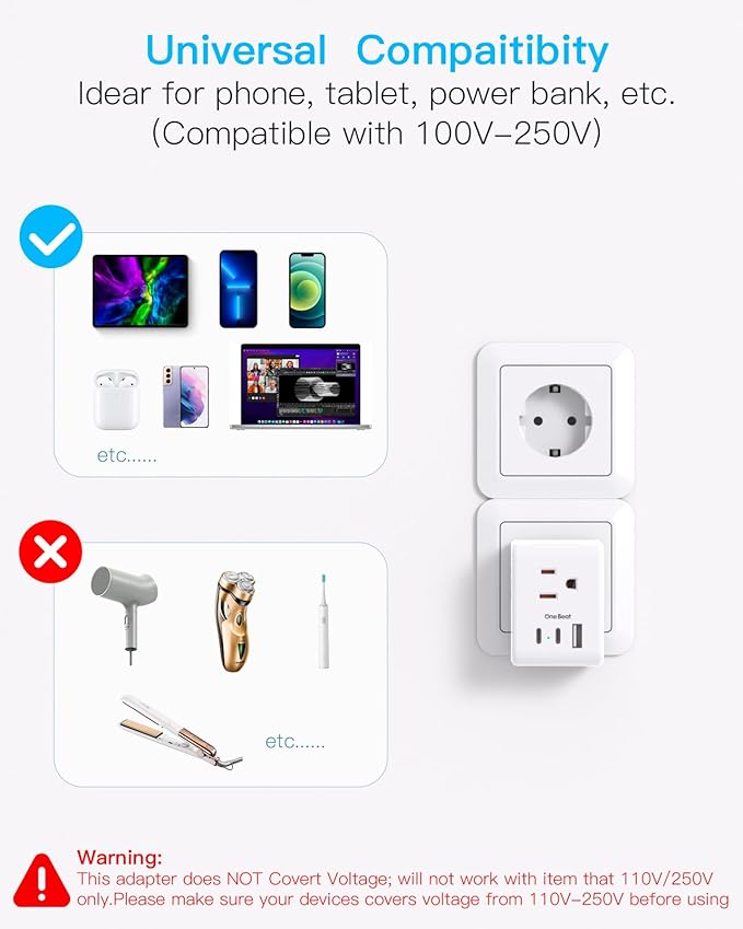 2 Pack Germany France Travel Plug Adapter with 3 Outlets 1 USBA 2 USB C, One Beat Type E/F International Power Adapter, Travel Essentials US to Europe France Germany South Korea Netherlands
