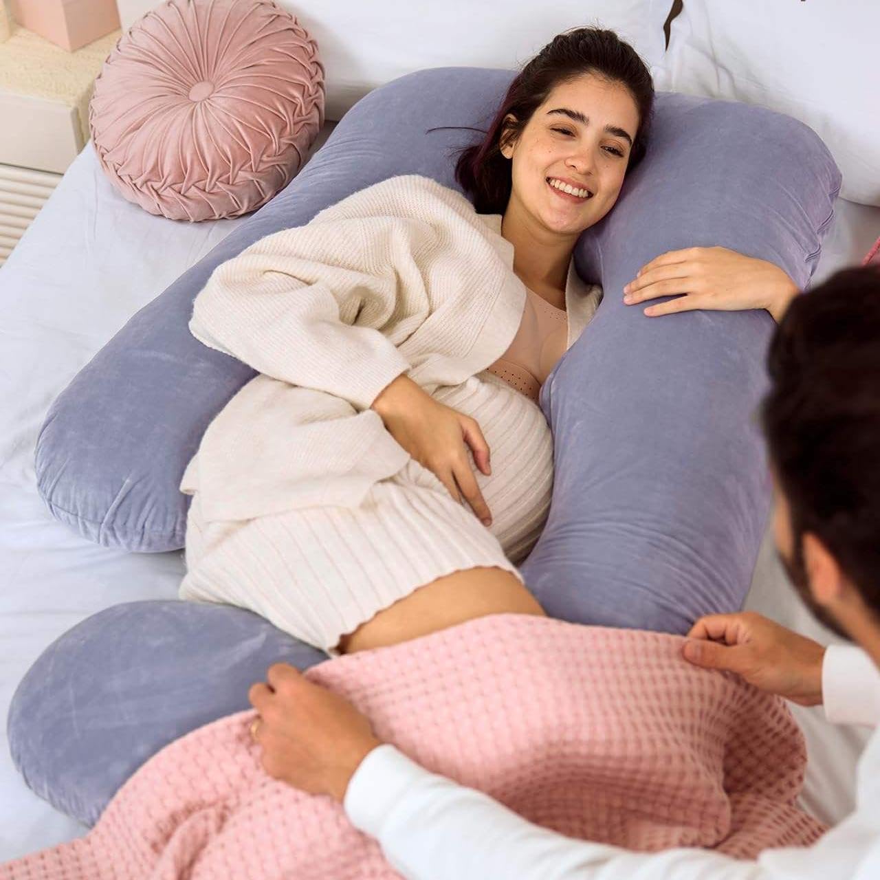 U-Shaped Pregnancy Pillow 57-inch Full Body Maternity Pillow for Sleeping, Back, Hip & Belly Support – Grey Pillow with Removable Washable Cover for Side Sleepers