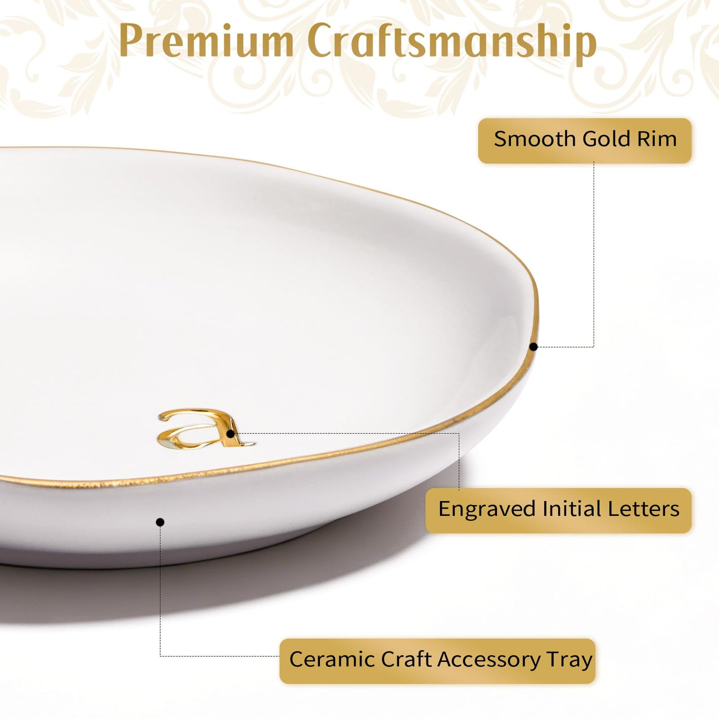 Fyshipin Ceramic Jewelry Tray,Decorative Trinket Dish for Room Decor,Birthday Valentine's Day Mother's Day Graduation Christmas Personalized Gift for Women, 4.75", Gold Rim,Engraved Initial c