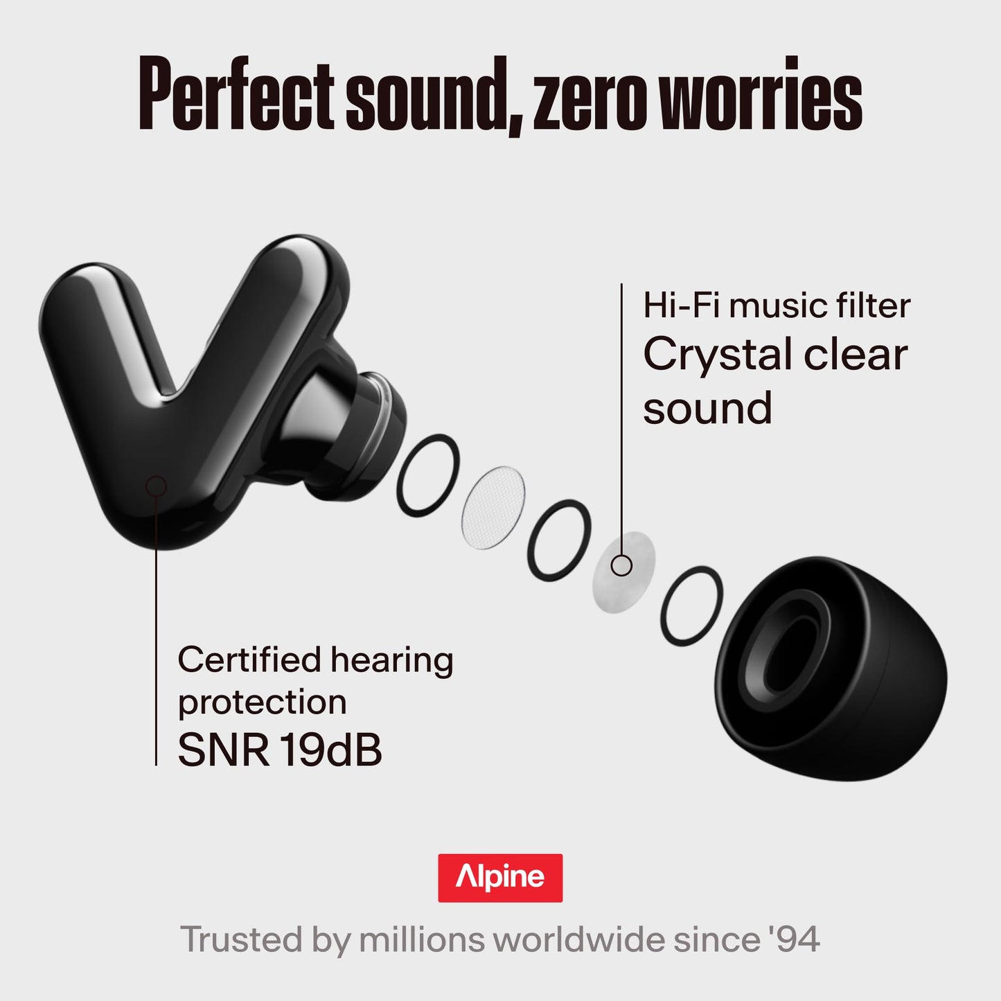 Alpine Tune Earplugs, Concert Ear Plugs for Noise Reduction, High Fidelity Music Quality, 19dB Hearing Protection with Crystal Clear Sound, Incl. 4 Sizes, for Parties, Raves, Festivals & Clubs, Black