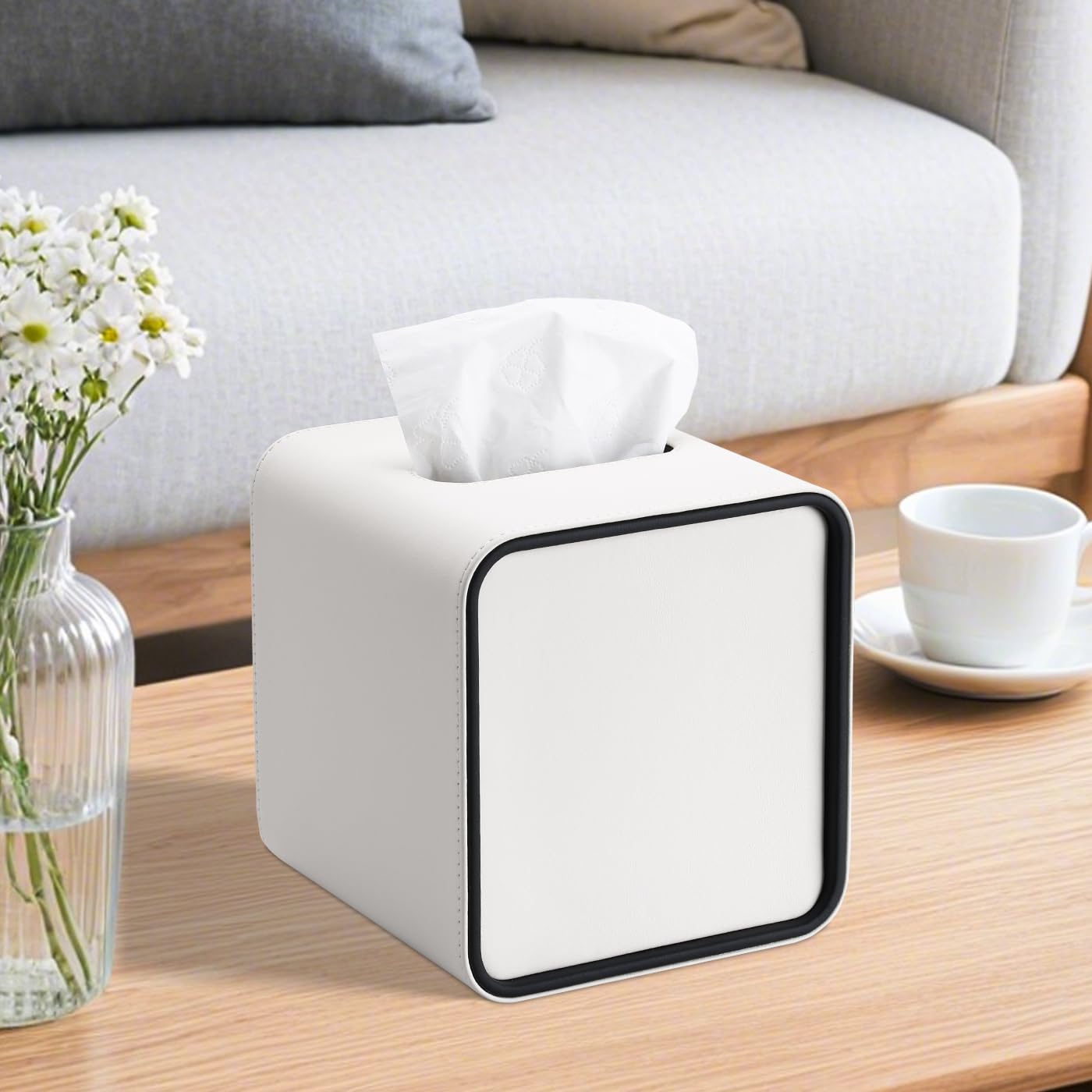 GORESE Tissue Box Cover Square Tissue Box Holder for Kleenexs, PU Leather Tissue Cover Cube Decorative Tissue Holder for Bathroom Bedroom Living Room Office, Cream White