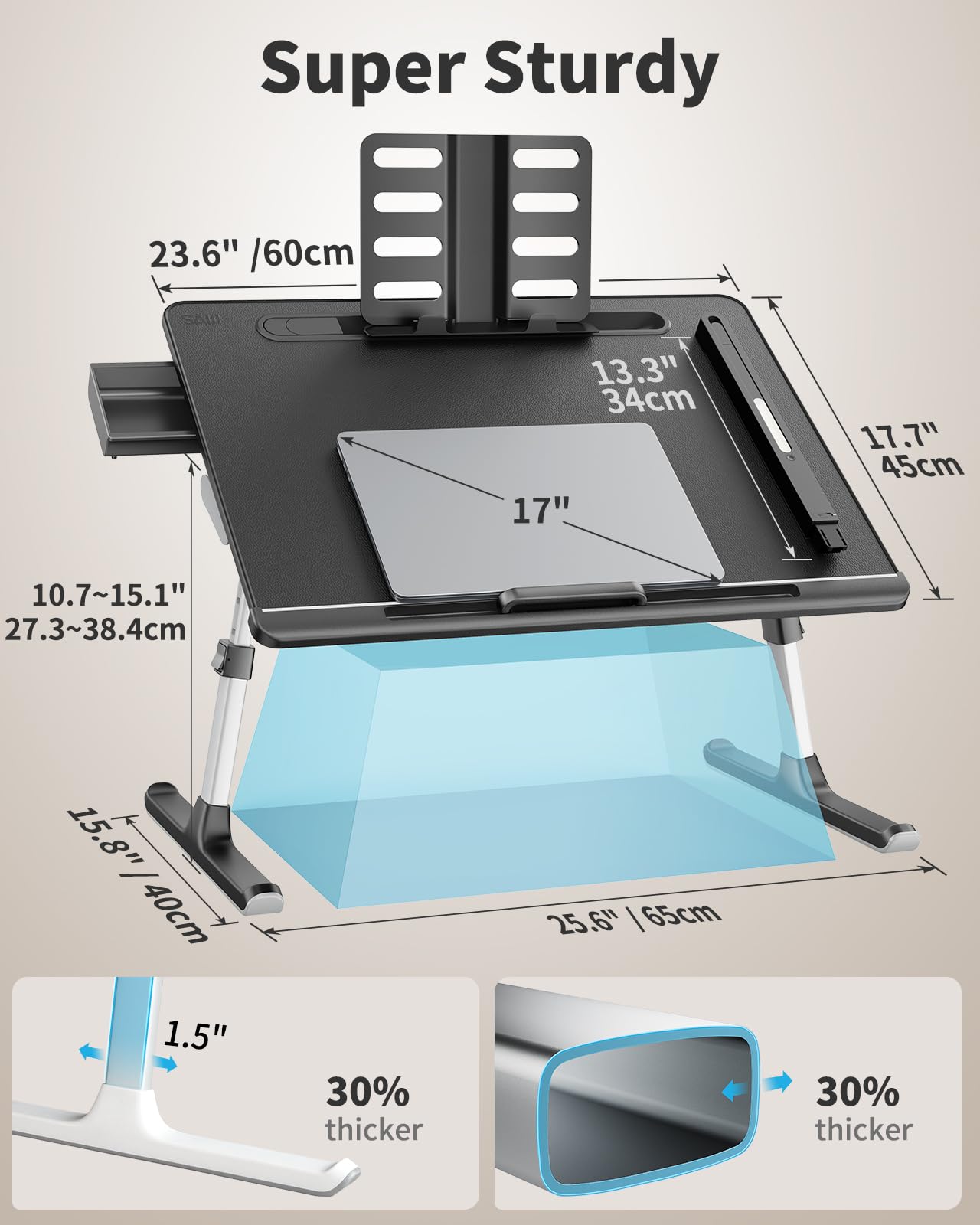 Laptop Bed Tray Desk with LED Desk Light, SAIJI Adjustable Laptop Stand for Bed, XX-Large PVC Leather Foldable Table with Book Stand,Wrist Rest, Extra Leg Room(Black)
