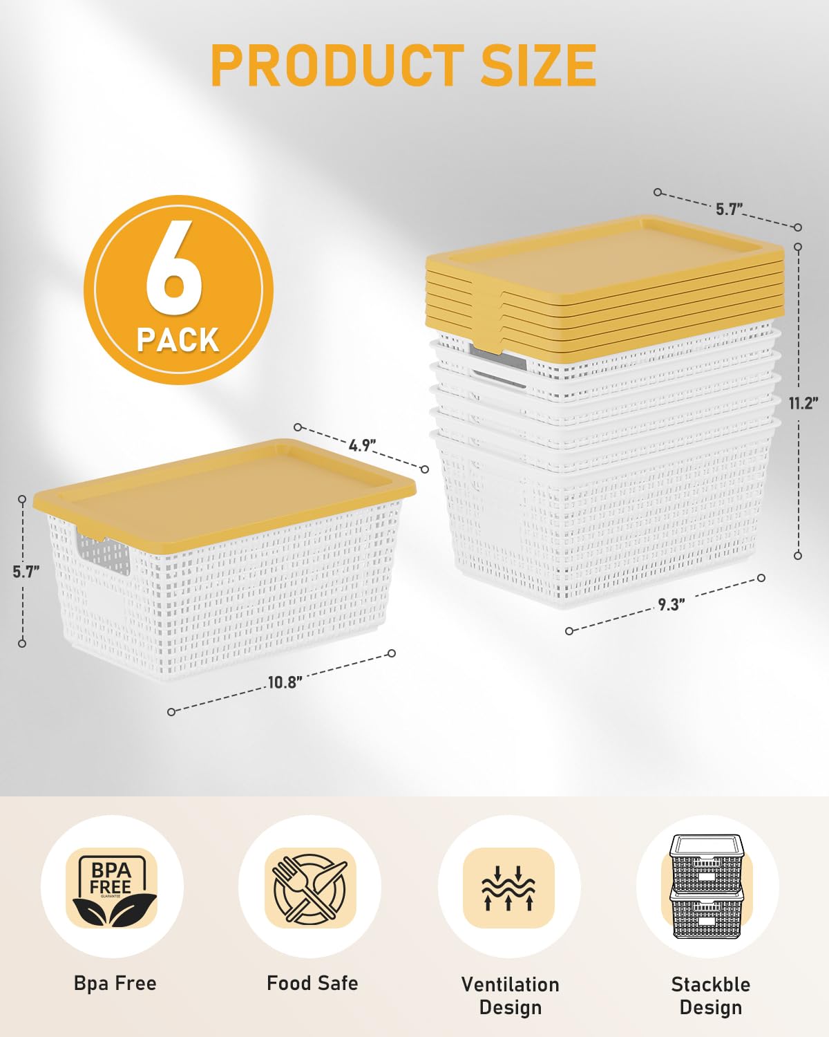 EOENVIVS Storage Bins Bakets with Lids 6 Pack, Stackable Organizer Bins for Small Spaces, Pantry, Closet & Bathroom, Secure Snap Lids, 11x7x5 Plastic Storage Containers for Shelf Organization, White