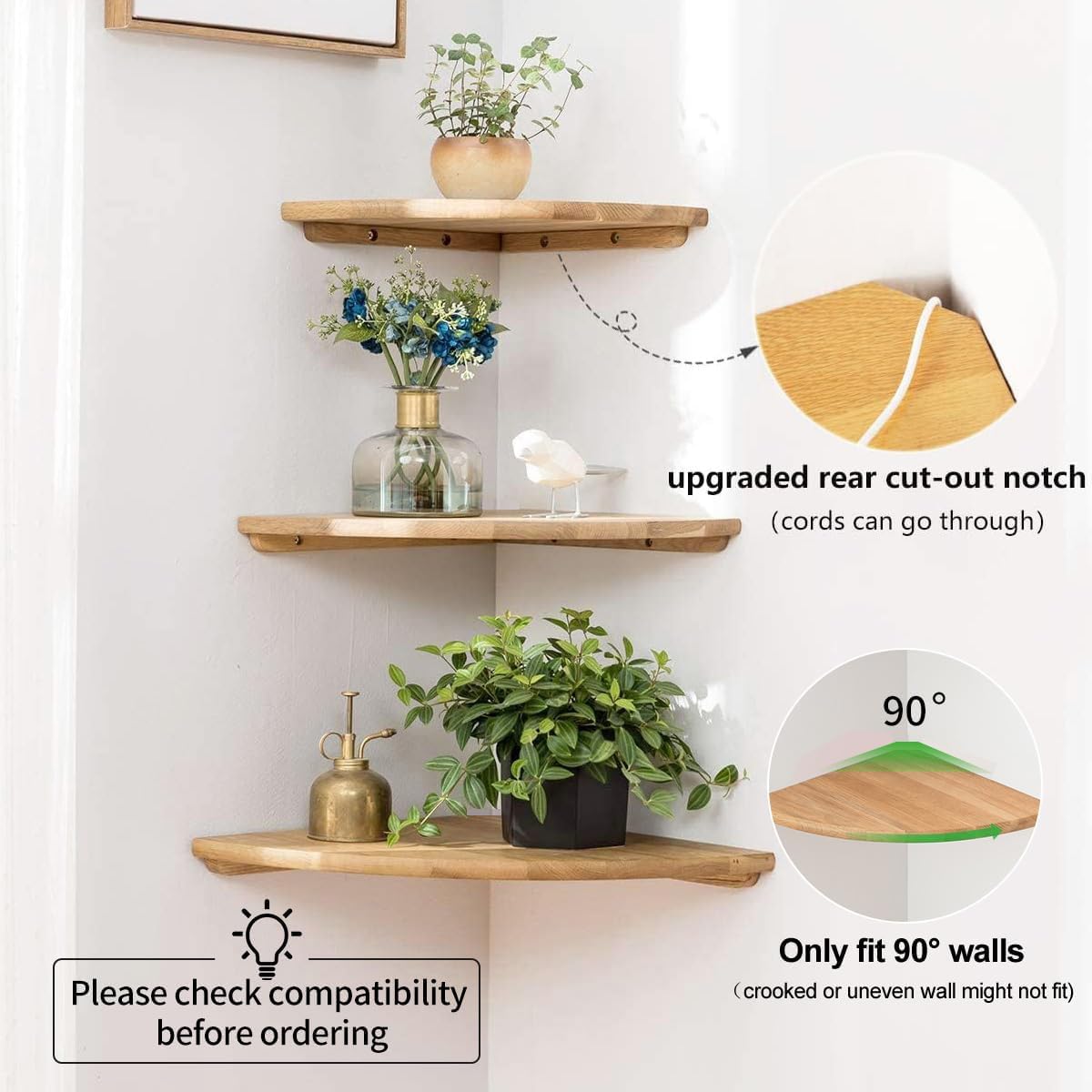 Conamily Corner Shelves, Floating Corner Shelf, Set of 2 7inch Solid Oak Wood Wall Shelves, Round End Wall Mount with Wire Hole Shelving for Small Plant for Bedroom Kitchen, Living Room