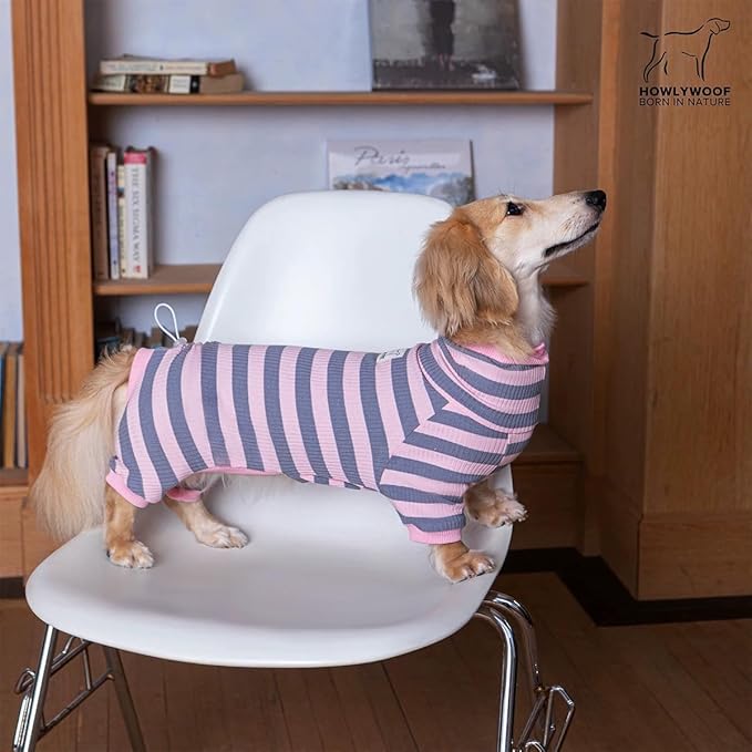 HowlyWoof Dachshund Dog Shirt, Thin Striped Base Layer Onesie for Wiener Dogs, Lightweight All-Season Wear, Soft & Comfy Fit for Doxie and Short-Leg Breeds (Pink&Grey, Size 2 (11-16 lbs))