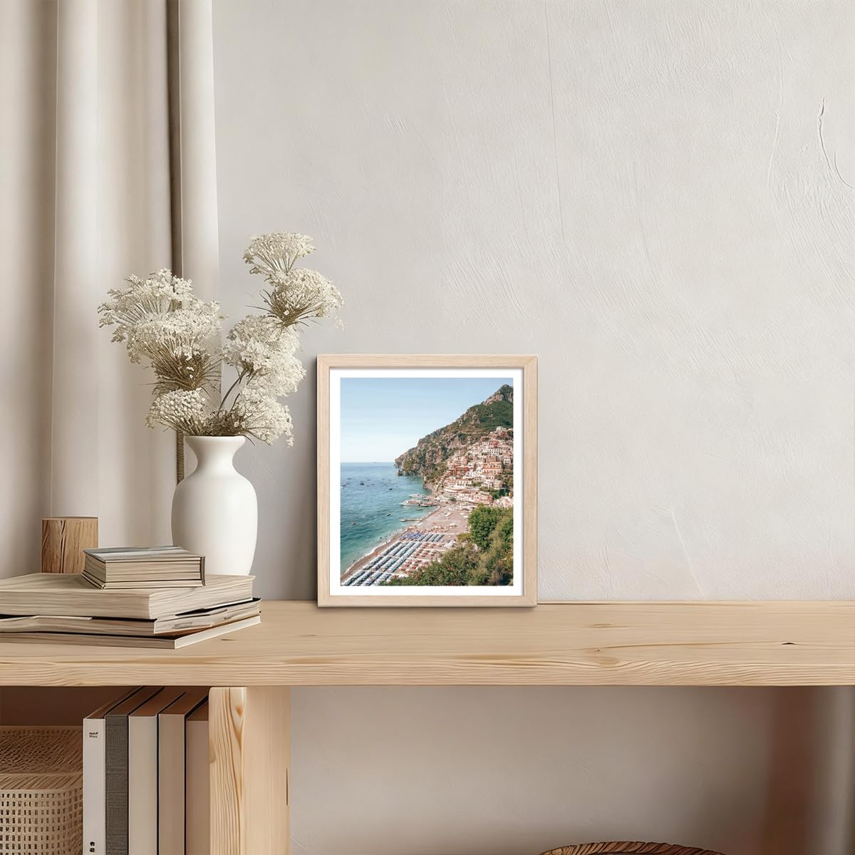 KISSFOX OAK Wood Framed Wall Art Coastal Wall Decor Beach Canvas Art Boat Pictures Landscape Paintings Travel Posters Aesthetic Artwork For Bedroom Office Living room