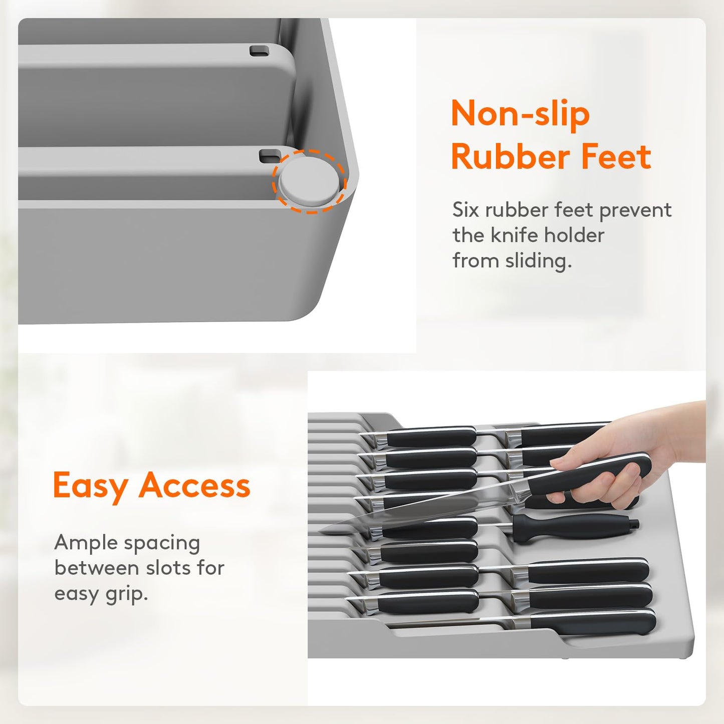Lifewit Magnetic Drawer Knife Organizers Insert, Kitchen Plastic In Drawer Knife Block Slots, Steak Chefs Knives Holder Storage for 16 Knives and 1 Sharpening Steel, Extra Large, Gray, 16.5"/42 cm(W)