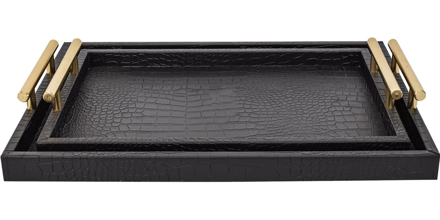MACVAD Set of 2 Modern Elegant Large Wood Serving Tray, Rectangle Decorative Tray Ottoman Tay Coffee Table Tray, Black Crocodile Leather with Gold Polished Metal Handles