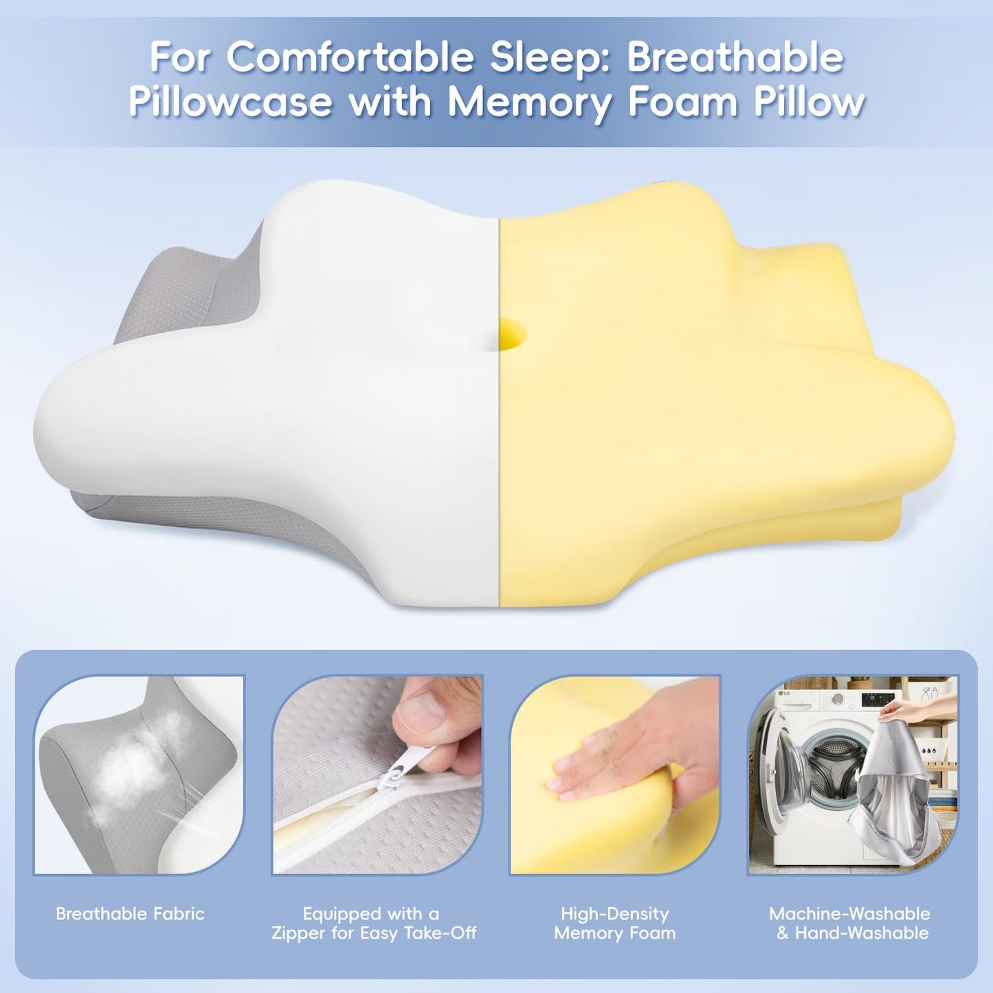 Missleep Cervical Neck Pillow, Memory Foam Pillows for Neck and Shoulder Pain Relief, 2 Heights Ergonomic Pillow with Breathable Ice Silk Cover, Neck Support Pillow for Side Sleepers White