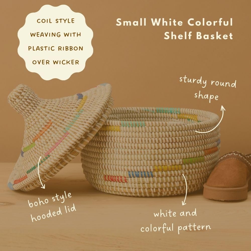 Decorative African Wicker Basket with Lid, Colorful Pattern on White, Hooded, 10 Inch Wide