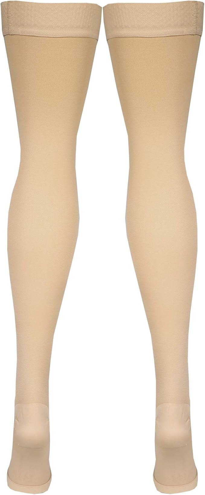 Amazon Basic Care Medical Compression Stockings, 20-30 mmHg Support, Women & Men Thigh Length Hose, Open Toe, Beige, Medium (Previously NuVein)