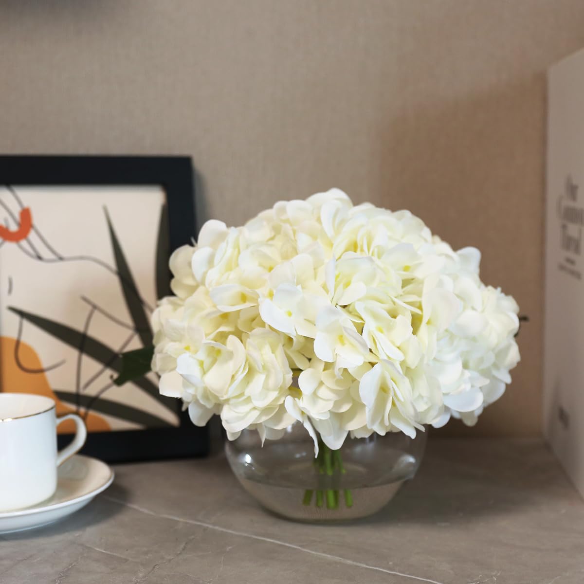 JOJOWOO Silk Hydrangea Flowers in Vase, Small Silk Flowers in Vase with Faux Water for Home Decor Wedding Table (Cream White)