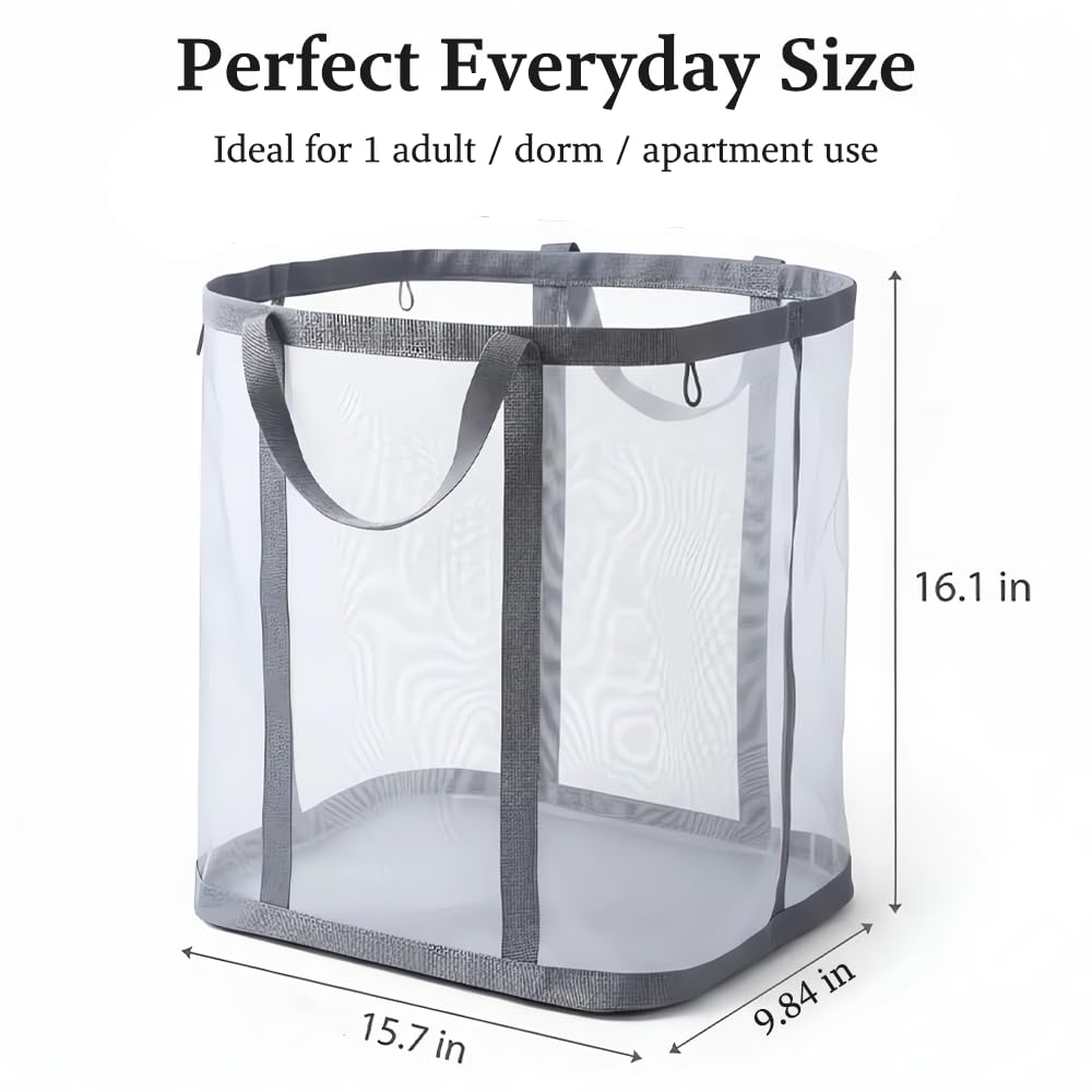Yagizaai Wall-Mounted Foldable Laundry Basket, 41L Collapsible Mesh Hamper, Hanging Storage Bag for Bathroom, Dorm, Travel, Beach, Camping, Reinforced Handles, Grey