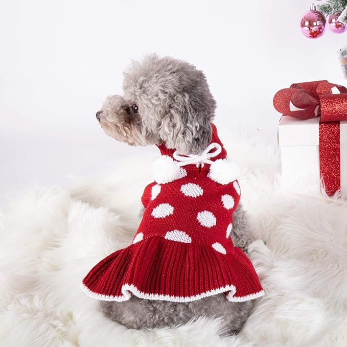 KYEESE Red Dog Sweater Dress with Leash Hole Turtleneck for Girl Dog Sweater Small Medium Knit Pullover Warm Pet Sweater for Fall Winter
