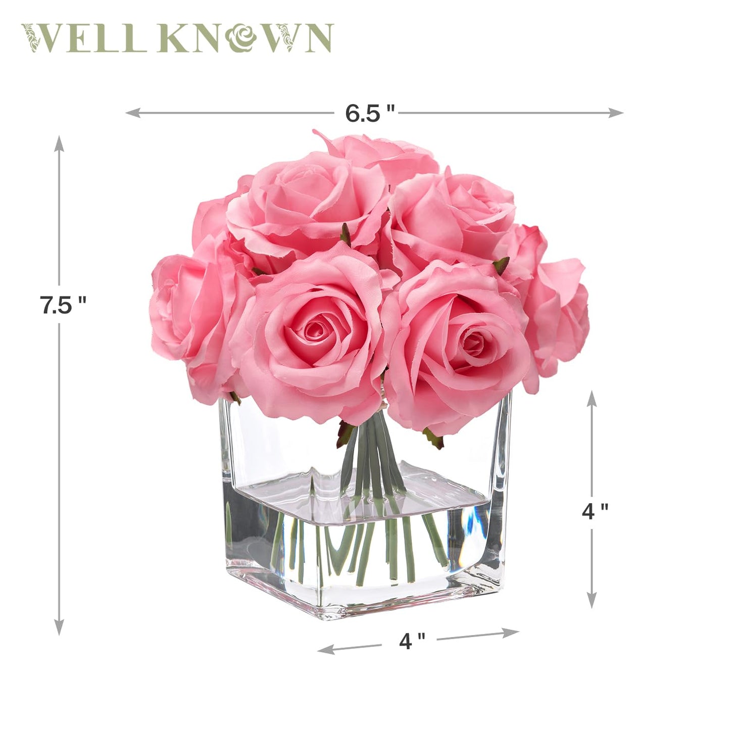 WELL KNOWN Rose Artificial Flowers in Vase with Faux Water, Silk Rose Table Centerpieces for Home Coffee Table Decor, Fake Roses Flower Arrangements for Office Hotel Lavatory Decor (Pink)
